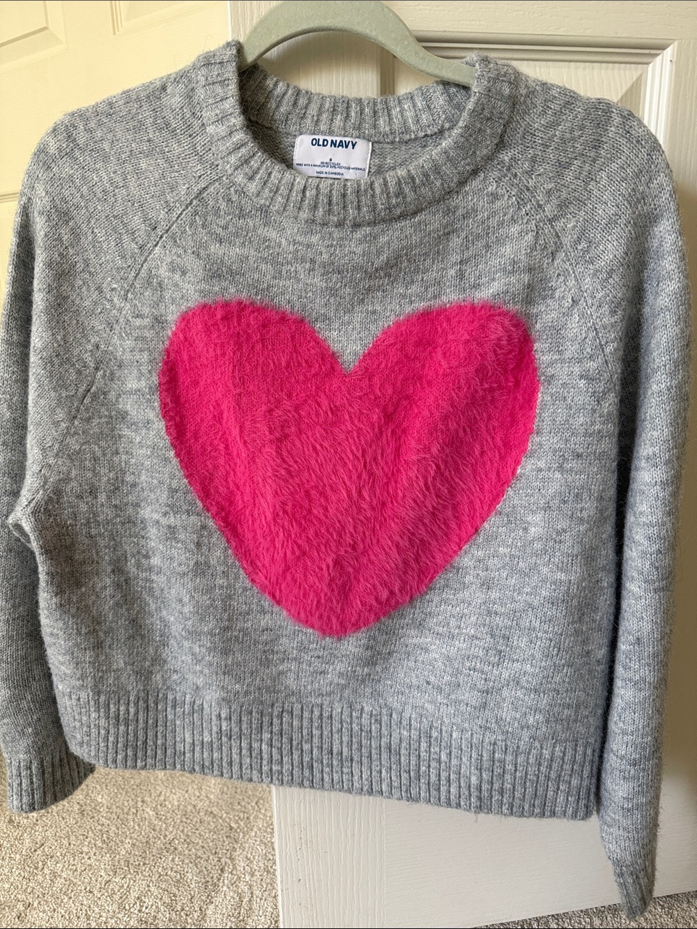 Old Navy Gray Crewneck Sweater with Bright Pink Heart